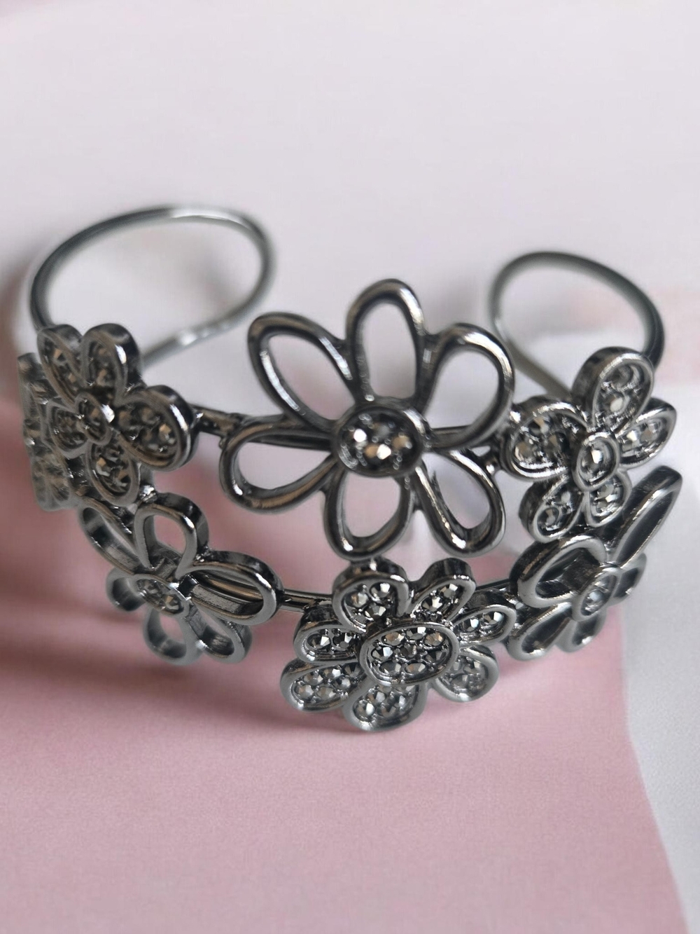 Silver Floral Open Bangle Bracelet - Silver
